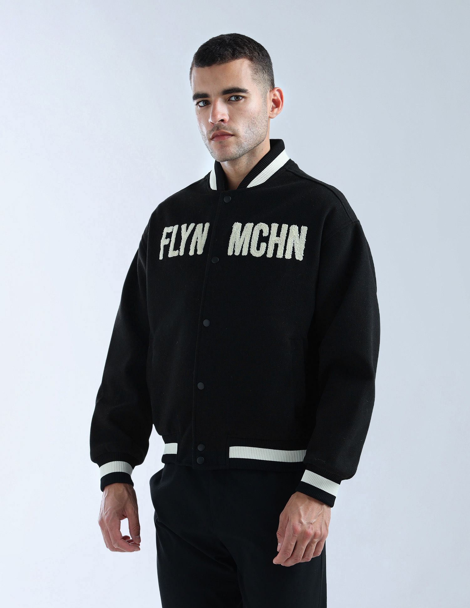 Flying Machine Appliqued Pattern Relaxed Fit Varsity Jacket