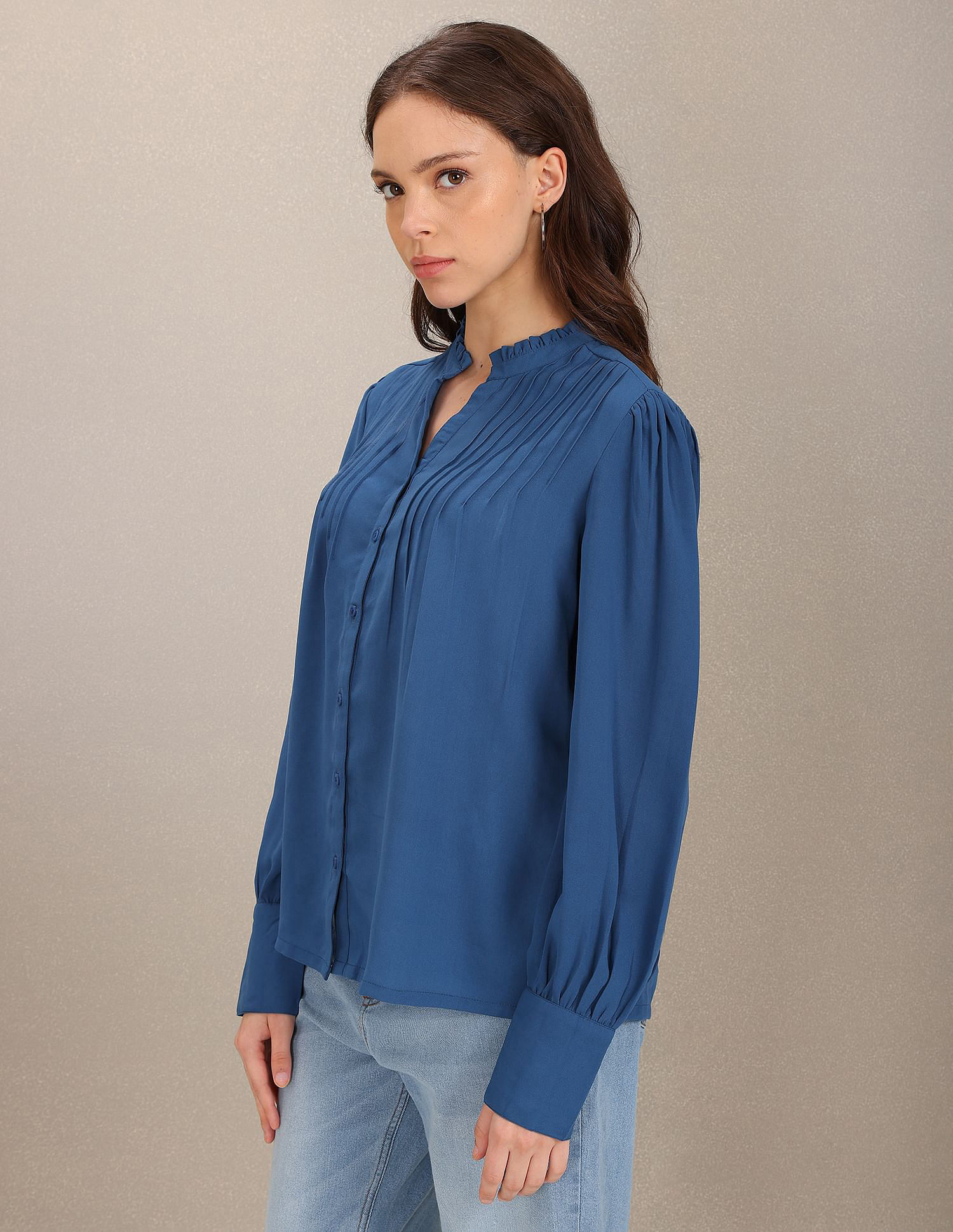 U.S. Polo Assn. Women Stand Collar Pleated Solid Top