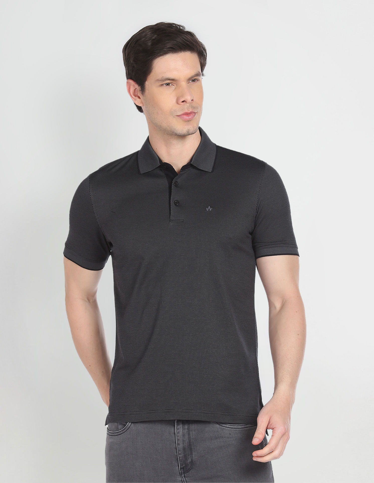 Arrow Ribbed Collar Patterned Knit Polo Shirt
