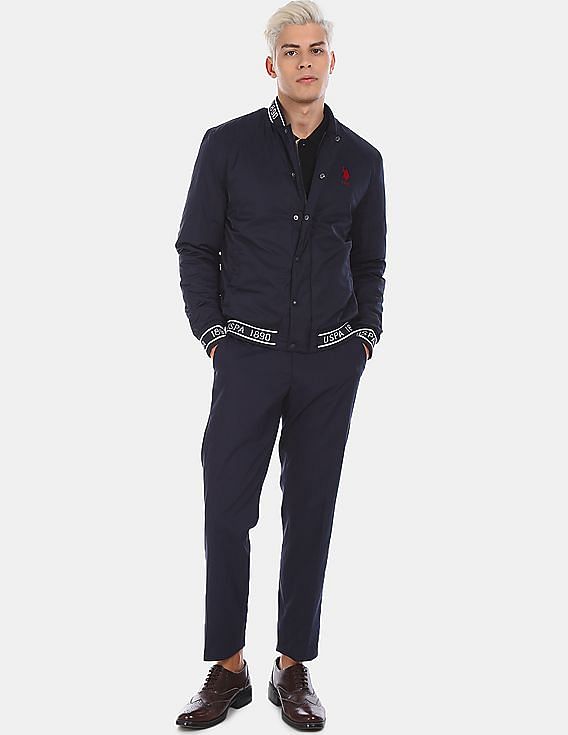 U.S. Polo Assn. Men Navy Stand Collar Brand Printed Bomber Jacket