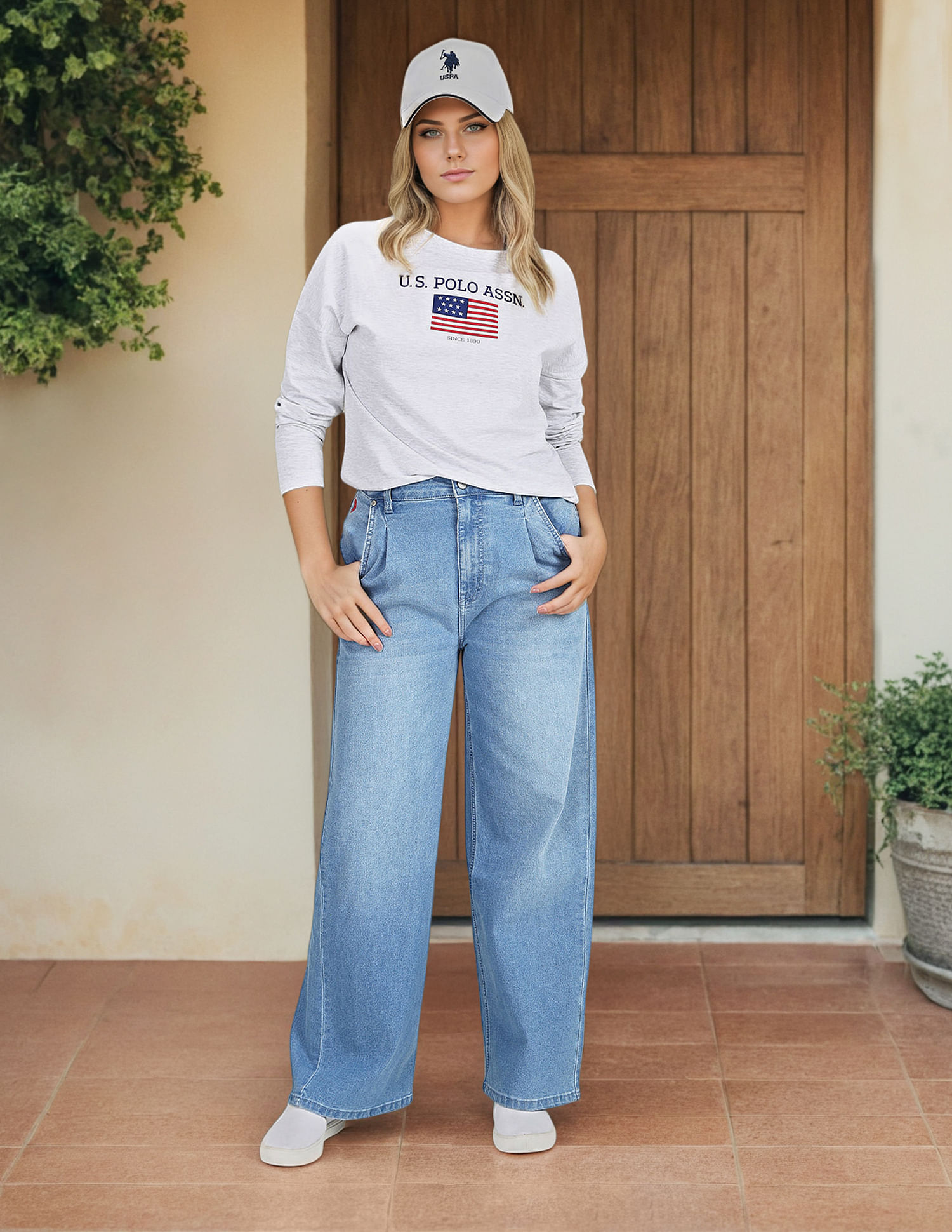 U.S. Polo Assn. Women Long Sleeve Flag Print Heathered T-Shirt