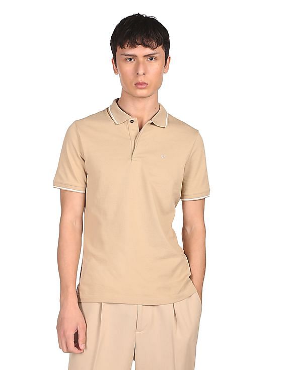 Calvin Klein Men Beige Cotton Stretch Tipped Pique Polo Shirt
