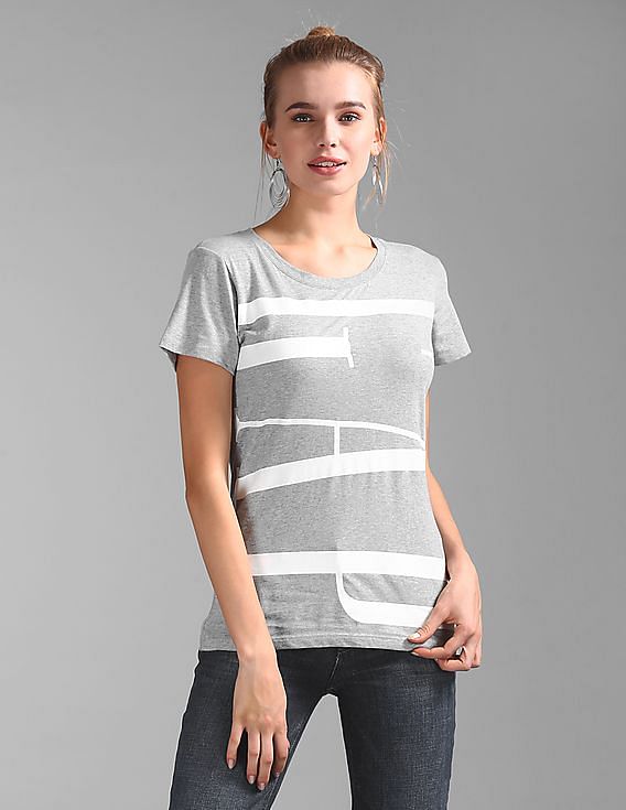 GAP Women Grey Crew Neck Logo Print T-Shirt