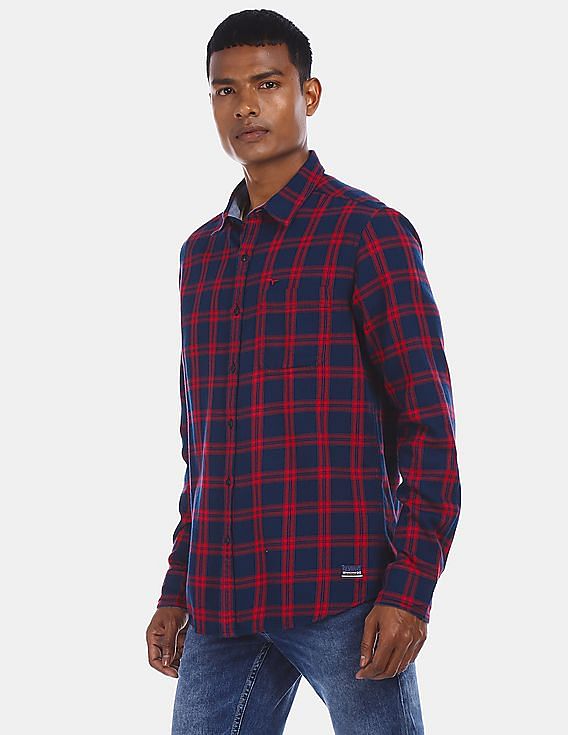 navy blue and red check shirt