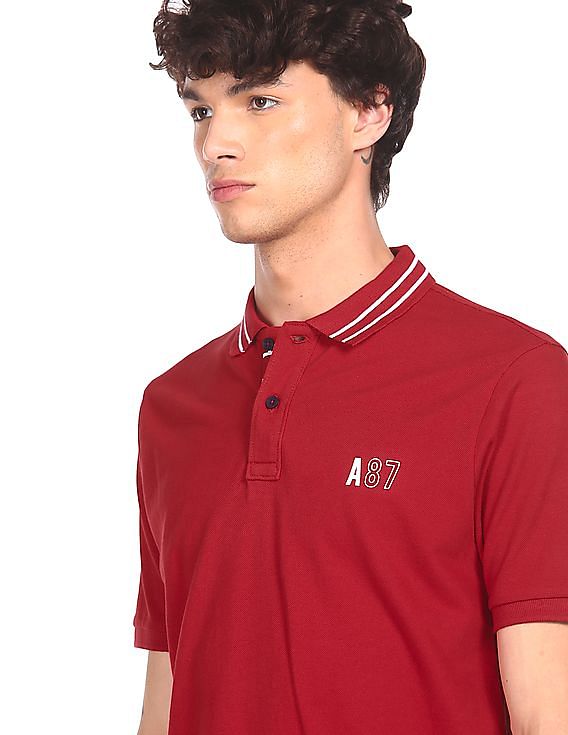 Aeropostale Men Red Cotton Solid Polo Shirt