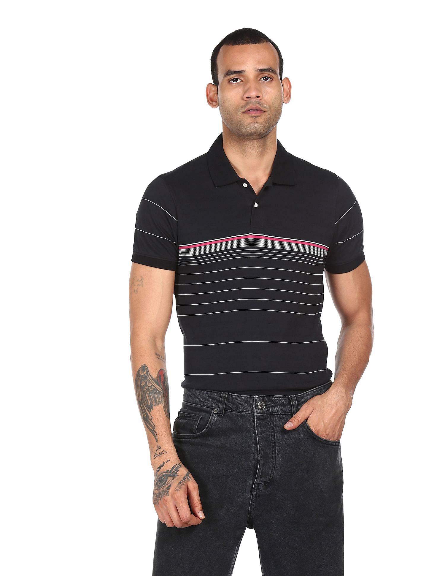 AD by Arvind Cotton Horizontal Striped Polo Shirt