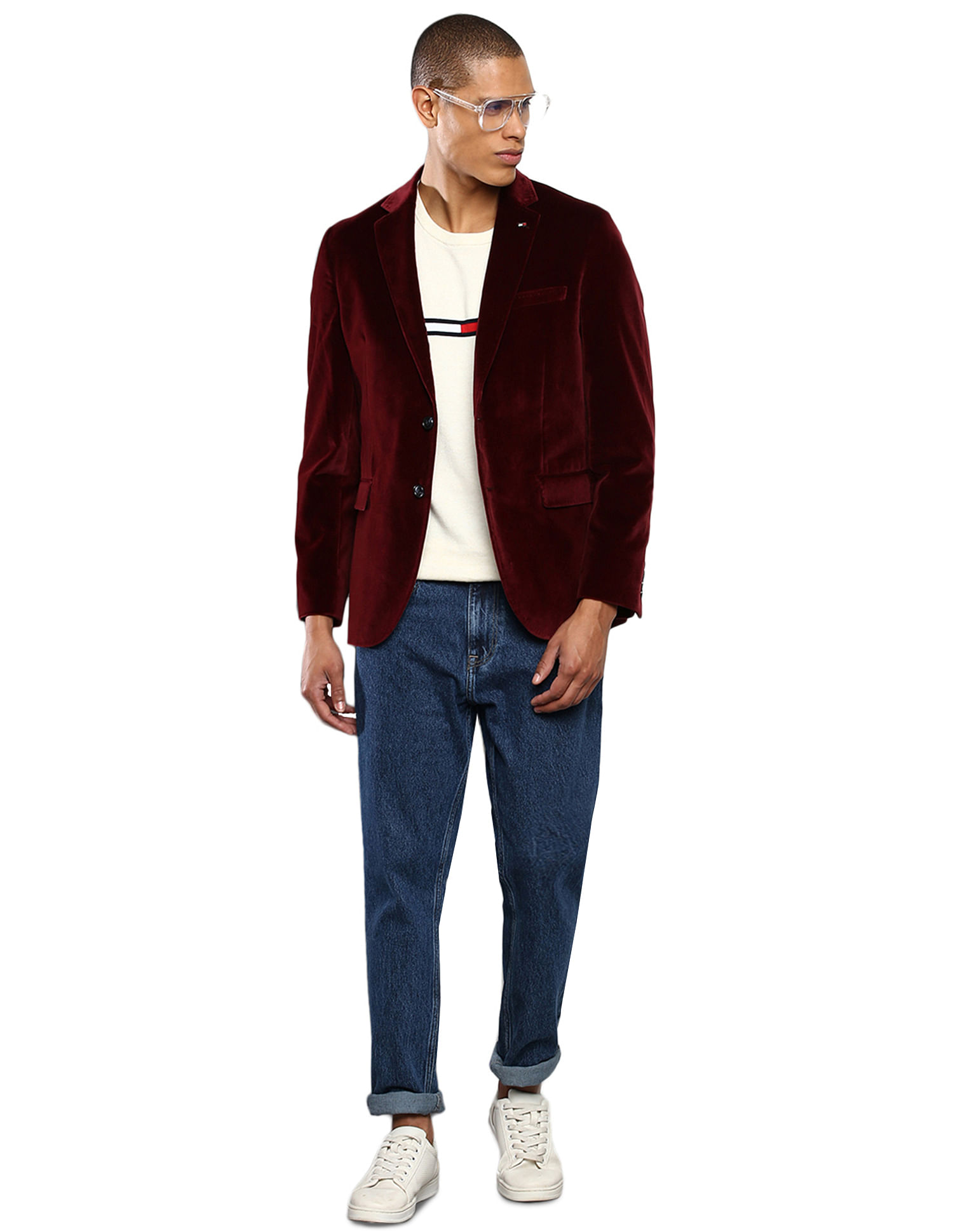 Tommy Hilfiger Men Burgundy Velvetine Solid Formal Blazer