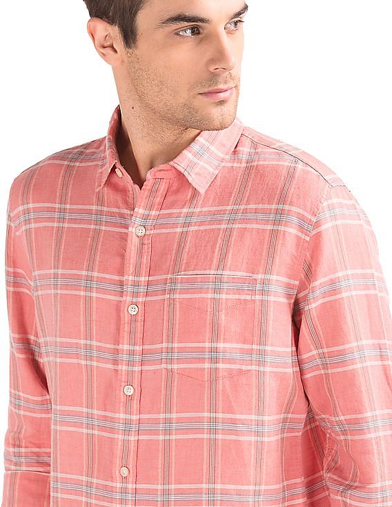 Mens pink cheap plaid shirt