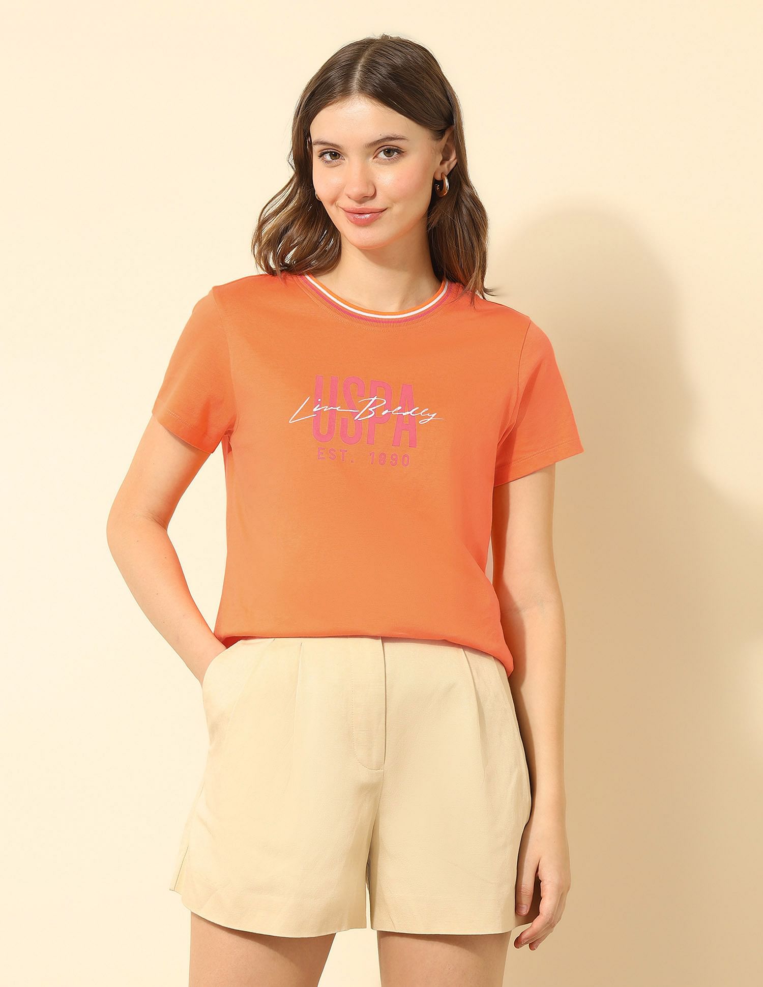 U.S. Polo Assn. Women Regular Fit Brand Printed T-Shirt