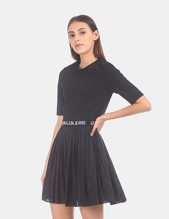 Buy Calvin Klein Women Black Solid Knee Length Pleated Dress 