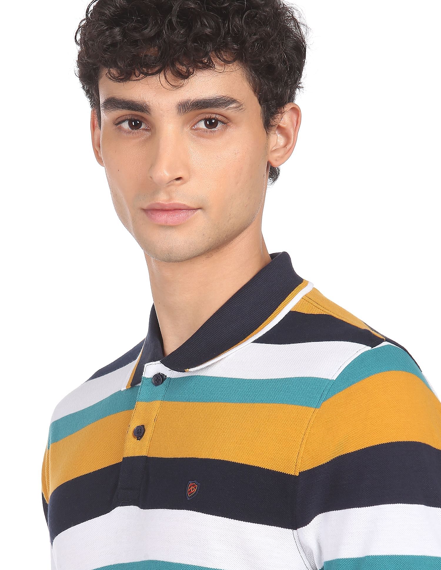 AD by Arvind Cotton Horizontal Striped Polo Shirt