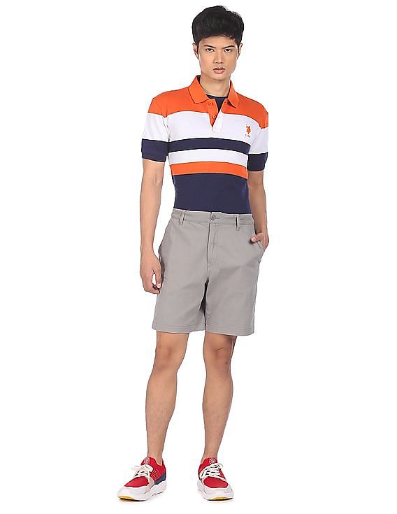 U.S. Polo Assn. Men Orange And Navy Striped Short Sleeve Polo Shirt