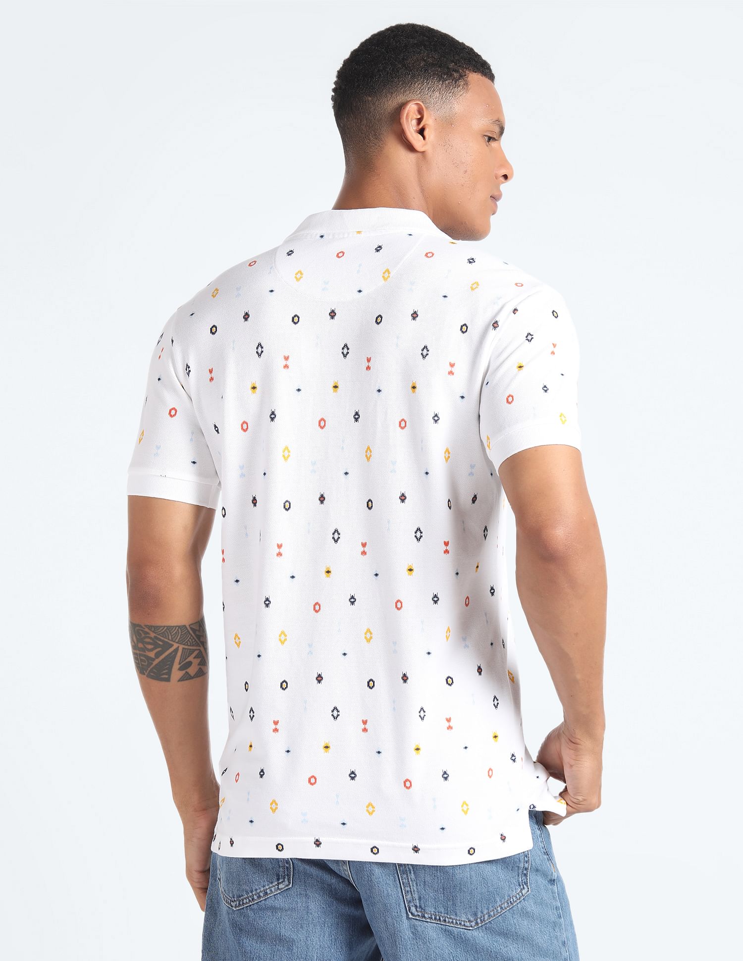 Flying Machine Geometric Print Cotton Polo Shirt