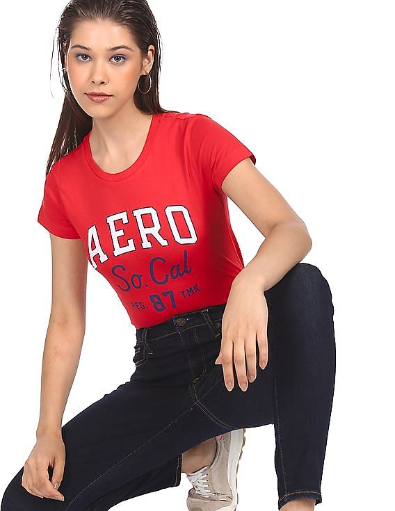 Buy Aeropostale Women Dark Red Cotton Brand Print T-Shirt - NNNOW.com