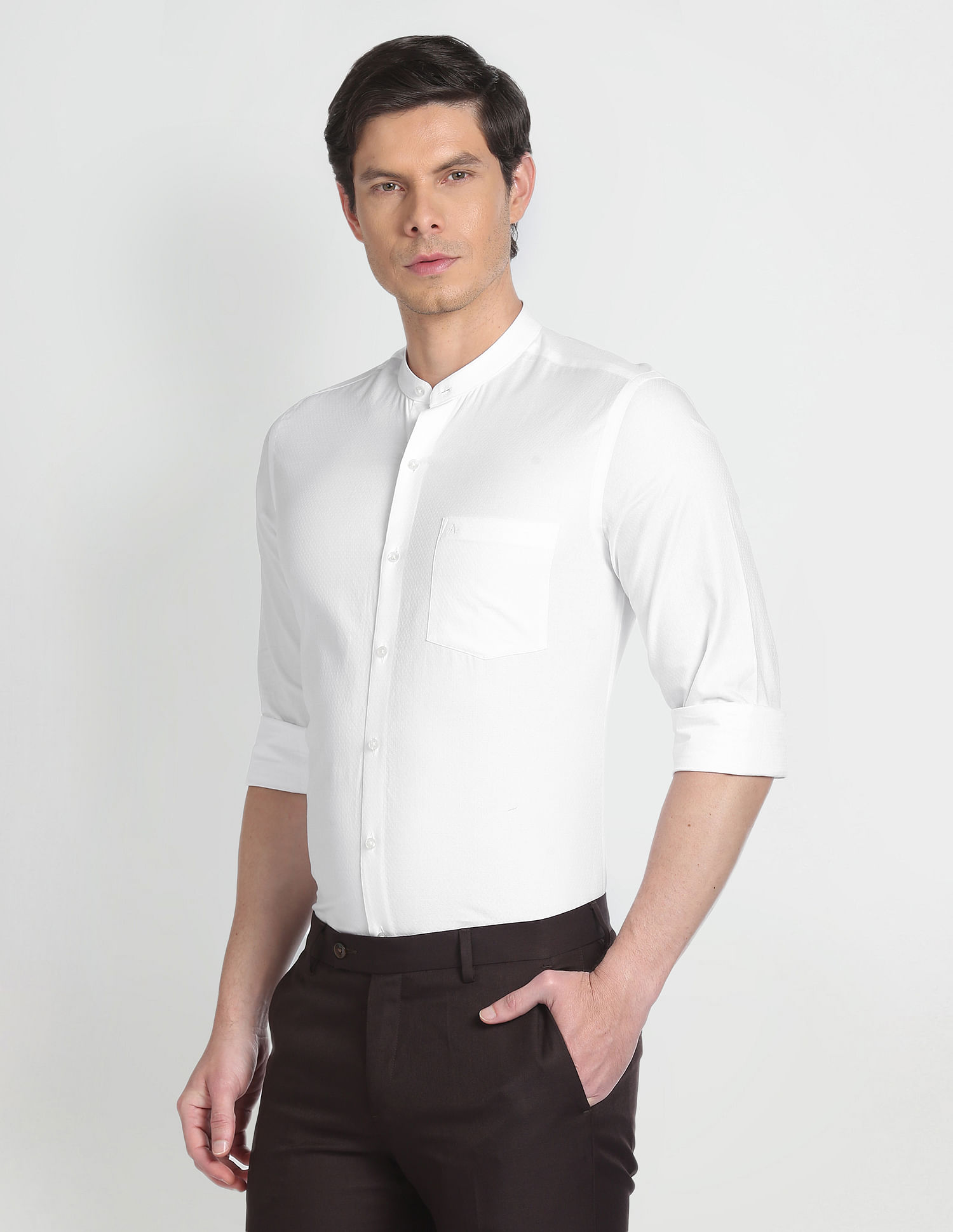 Arrow Mandarin Collar Self Design Formal Shirt