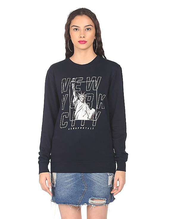 Aeropostale Women Navy Crew Neck Brand Print Sweatshirt