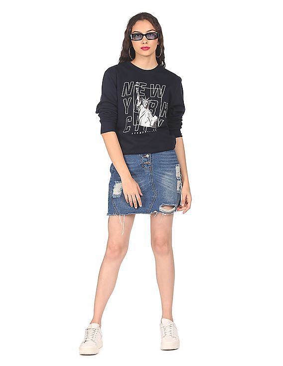 Aeropostale Women Navy Crew Neck Brand Print Sweatshirt