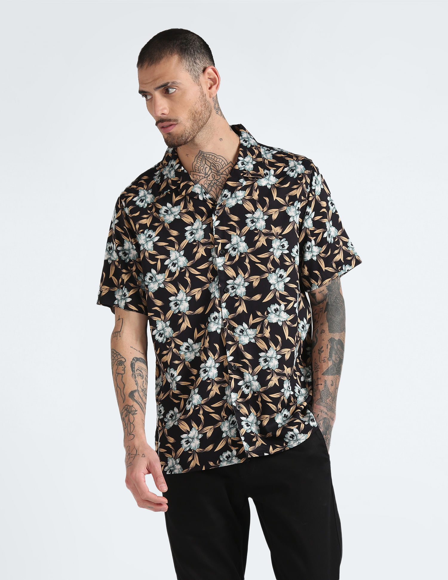 Flying Machine Viscose Floral Cuban Collar Shirt