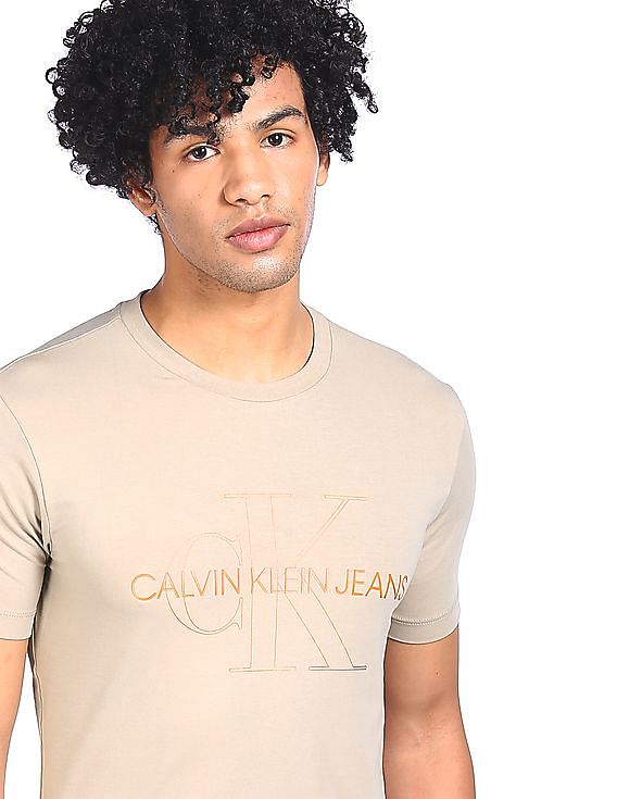 Buy Calvin Klein Men Beige Crew Neck Brand Print T-Shirt 