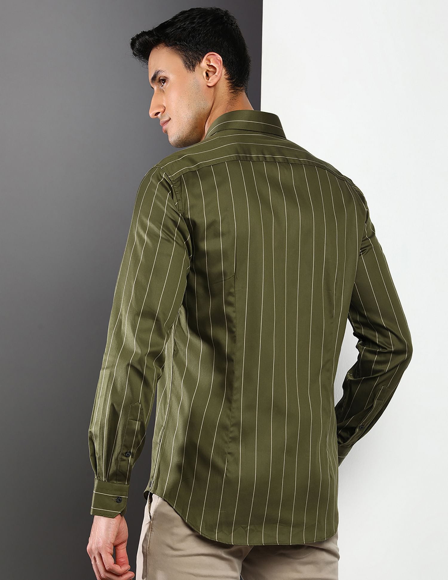 olive green and white striped shirt
