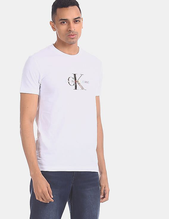 Calvin Klein Men White Slim Fit Small Monogram Logo T-Shirt