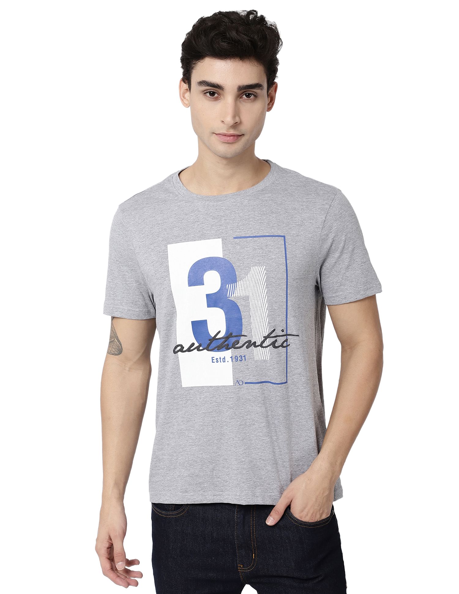 AD by Arvind Crew Neck Typographic Print Cotton T-Shirt