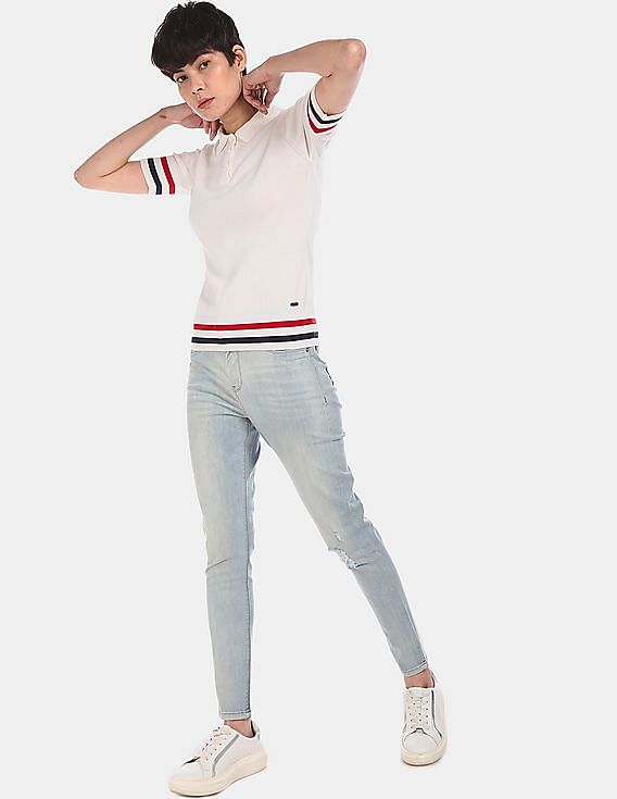 U.S. Polo Assn. Women Off-White Short Sleeve With Ribbed Hems Striped Pique Polo Shirt