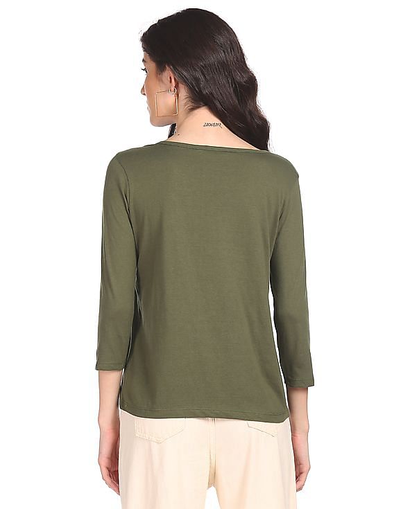 Buy SUGR Women Olive Three-quarter Sleeve Solid T-Shirt