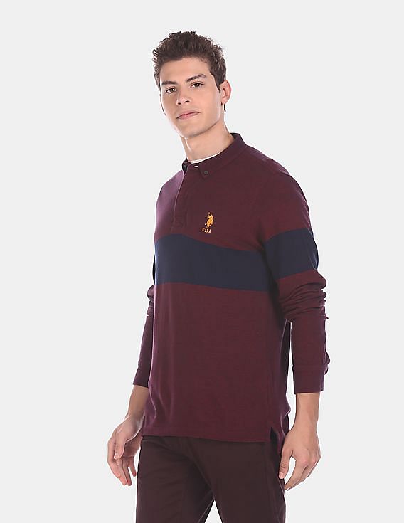U.S. Polo Assn. Men Maroon Long Sleeve Colour Blocked Polo Shirt