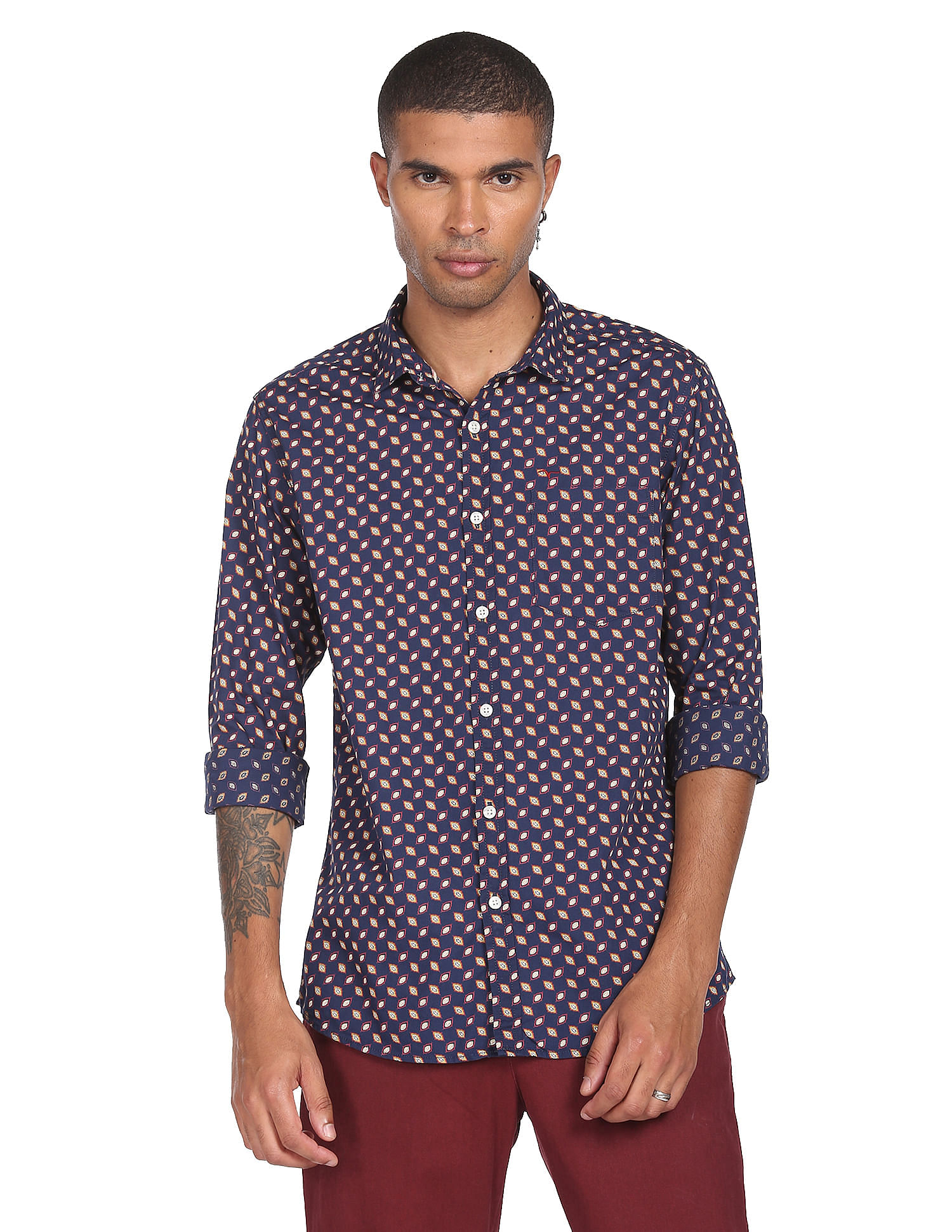 Flying Machine Spread Collar Geometric Print Shirt