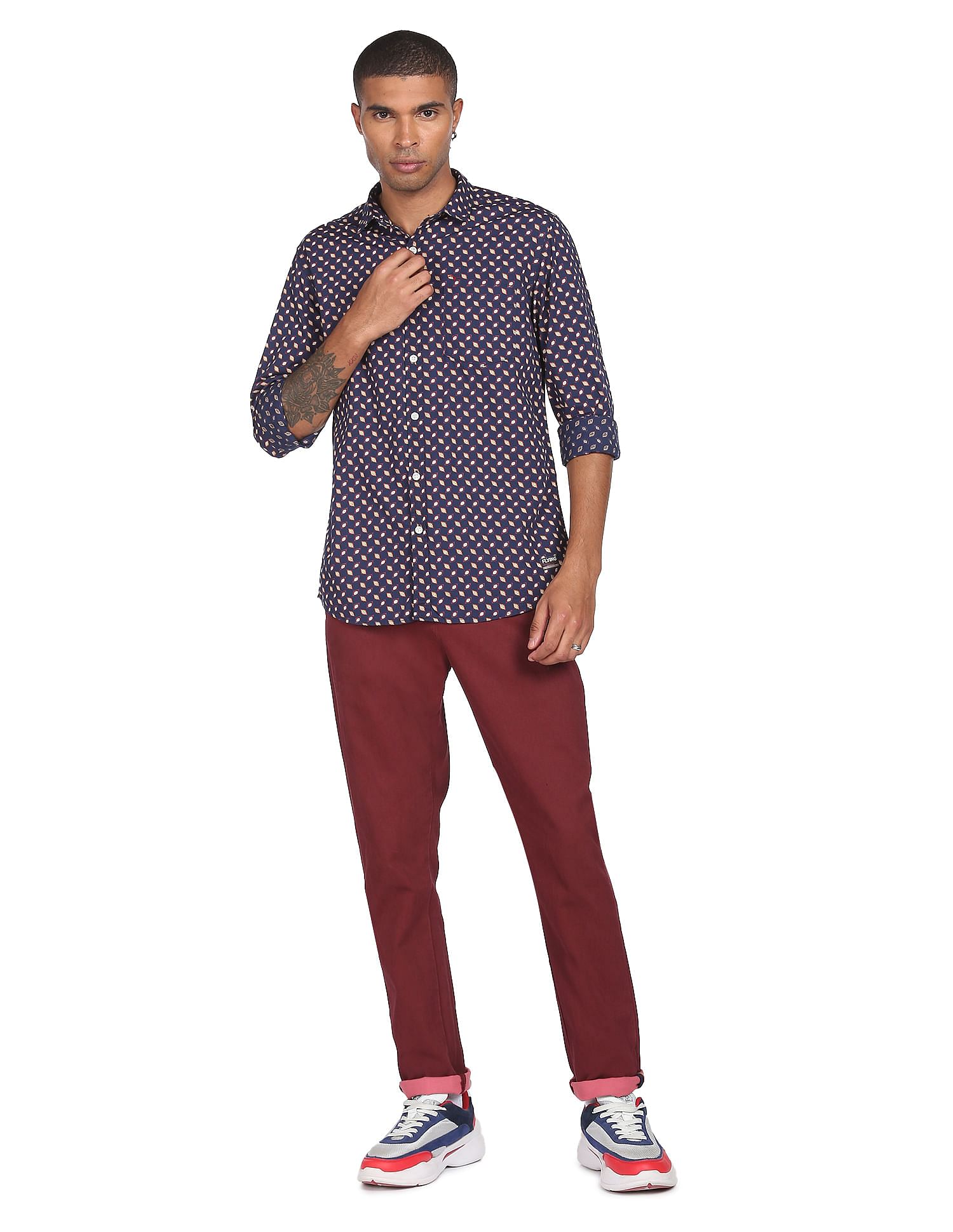Flying Machine Spread Collar Geometric Print Shirt