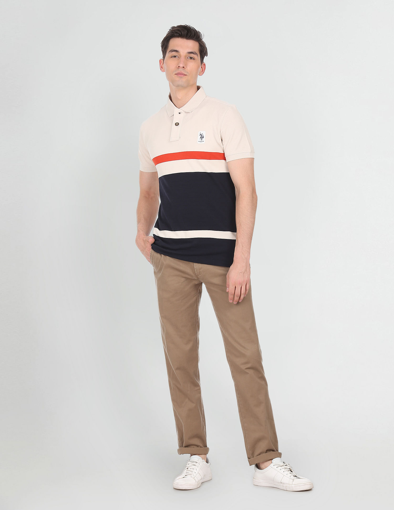 U.S. Polo Assn. Denim Co. Men Beige Pique Colour Block Polo Shirt