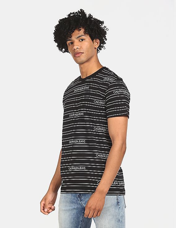 Buy Calvin Klein Men Black Crew Neck Striped Logo T-Shirt