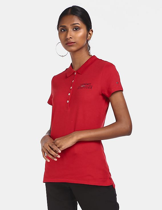 Buy Tommy Hilfiger Women Red Slim Fit Embroidered Logo Polo
