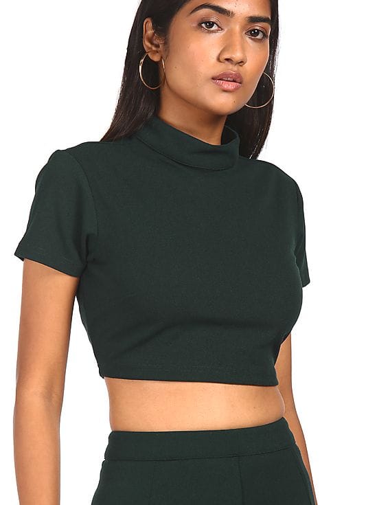 Dark Green Solid Crop Top And Skirt Set 