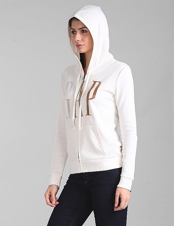 Buy GAP Women Women White Glitter Logo Full Zip Hoodie