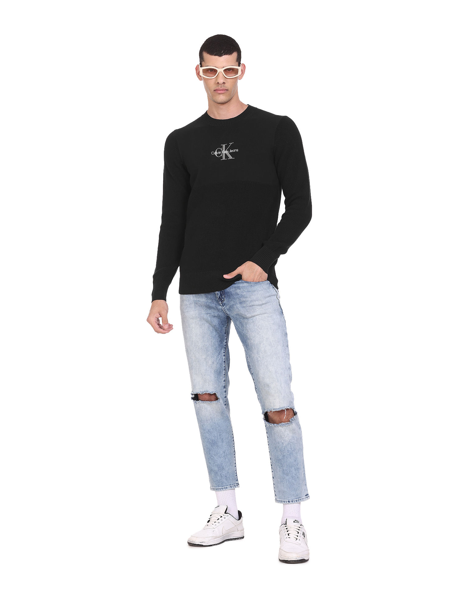 Calvin Klein Men Black Crew Neck Solid Long Sleeve Sweater