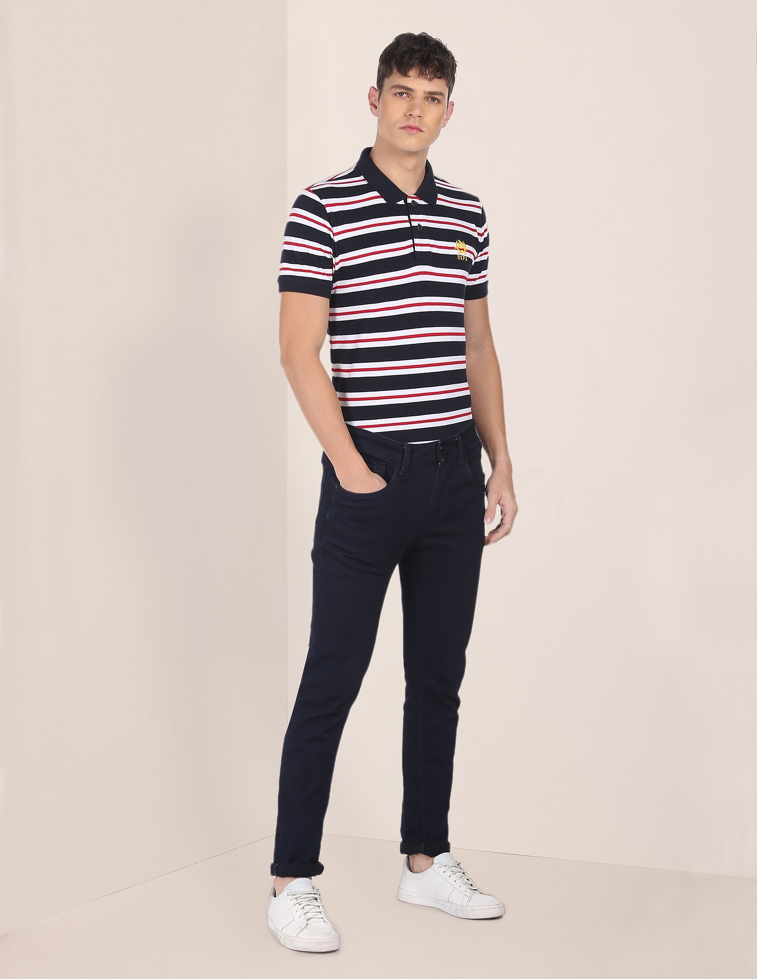 U.S. Polo Assn. Men Black And Red Cotton Striped Polo Shirt