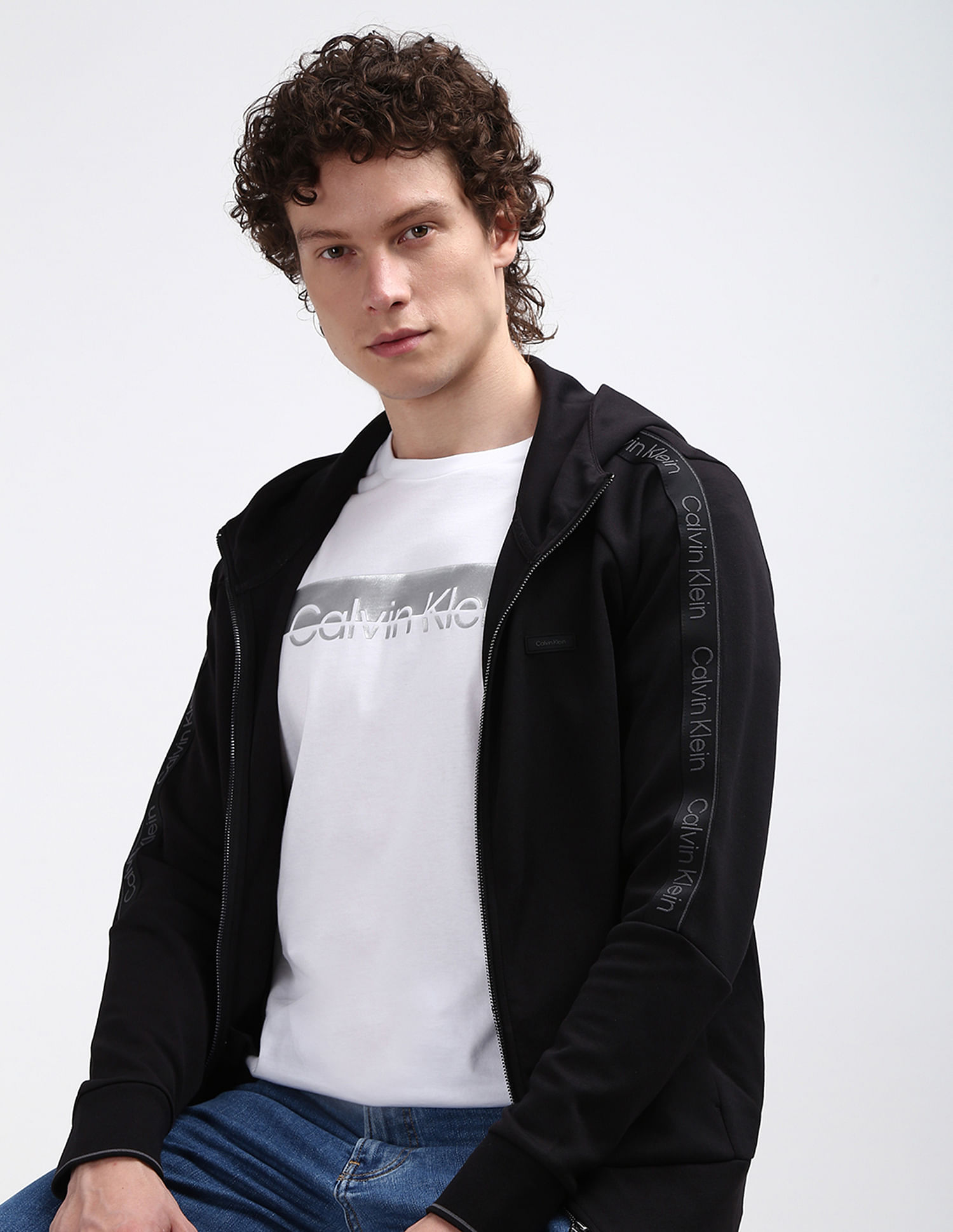Calvin Klein Logo Tape Raglan Zip Through Sweatshirt