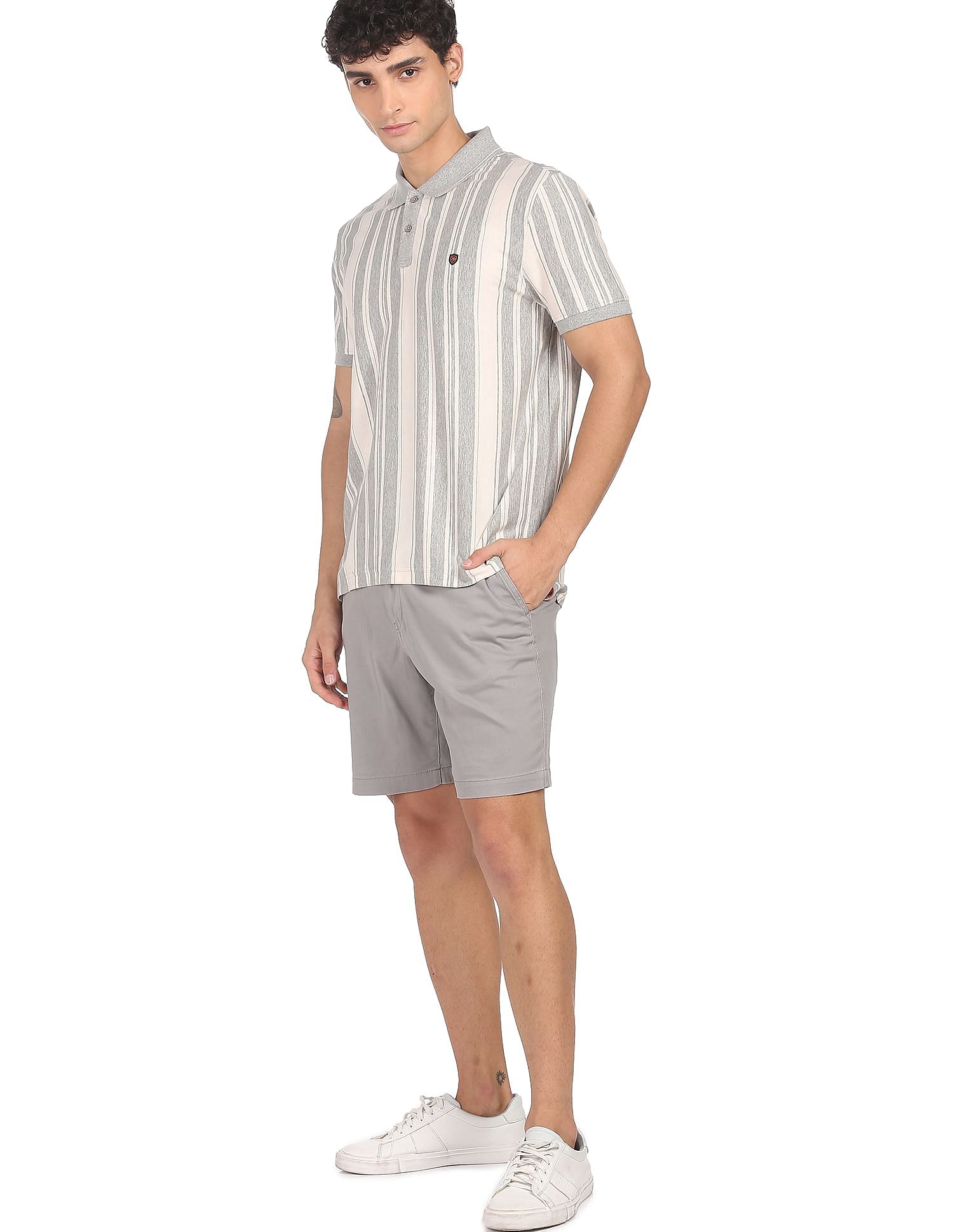 AD by Arvind Cotton Vertical Striped Polo Shirt