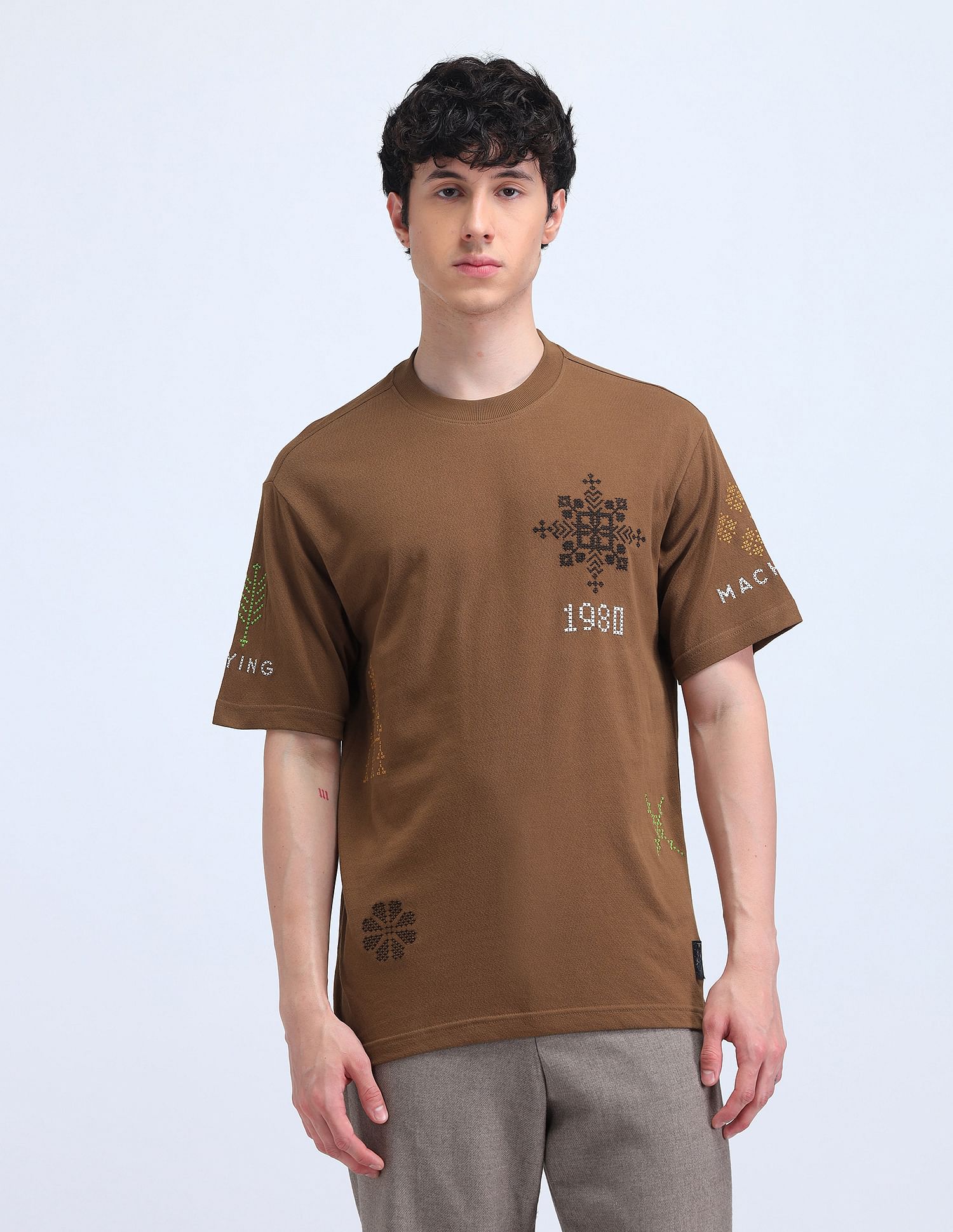 Flying Machine Geometric Print Round Neck T-Shirt