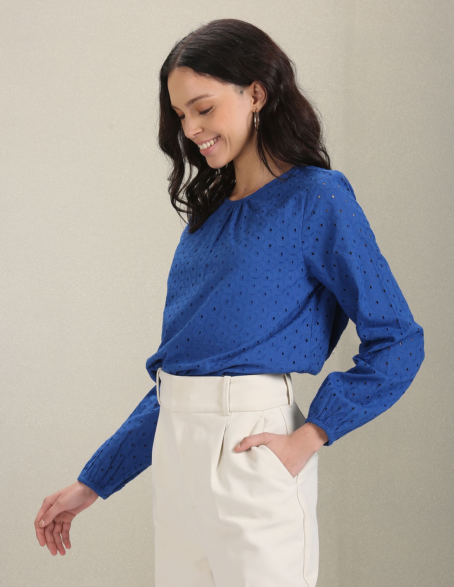 U.S. Polo Assn. Women Long Sleeve Schiffli Cotton Top