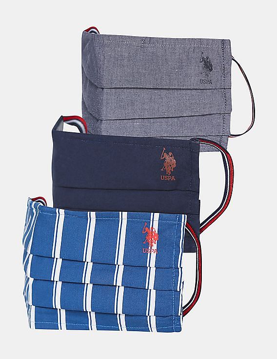 U.S. Polo Assn. Unisex Adults Assorted Triple Layer Reversible Anti Bacterial Reusable Face Masks - Pack Of 3