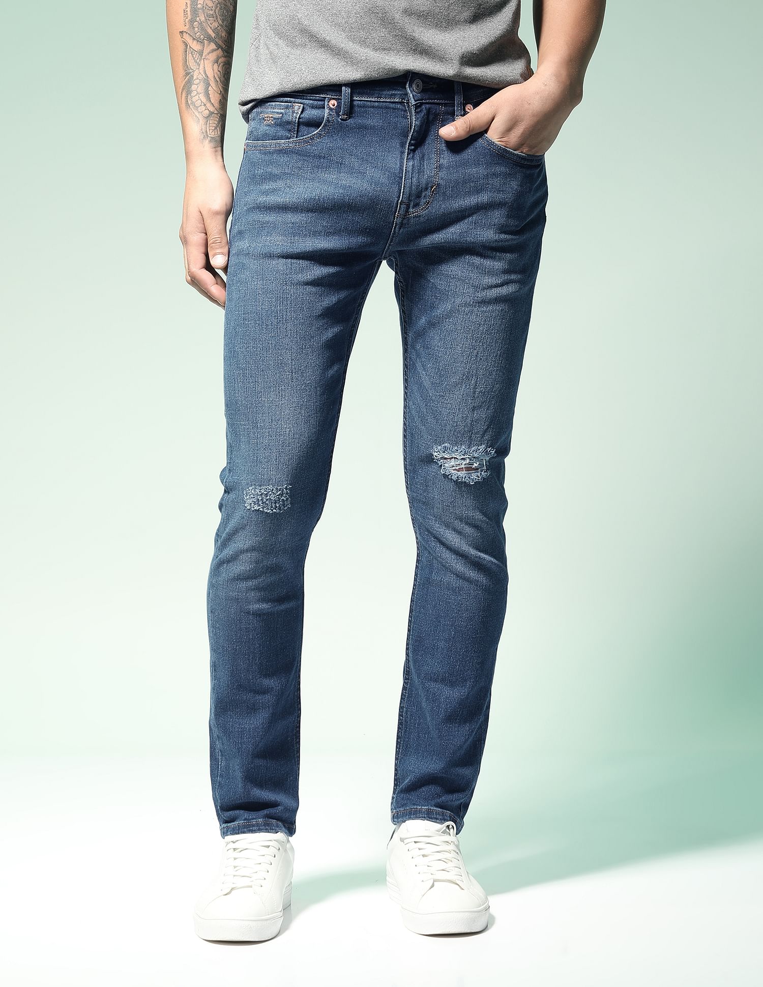 Flying Machine Slash Slim Tapered Distressed Jeans