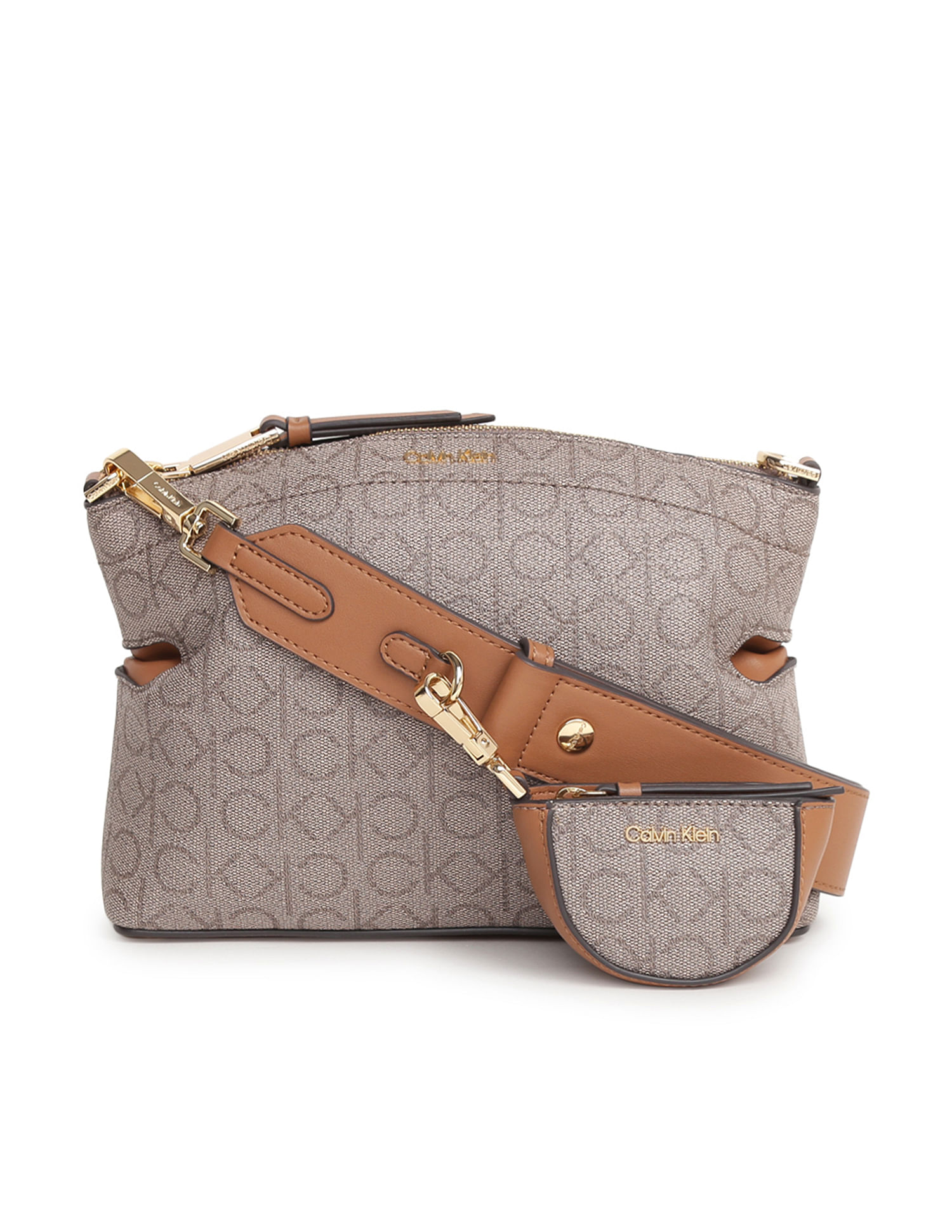 Calvin Klein Monogram Print Leather Crossbody Bag in Brown