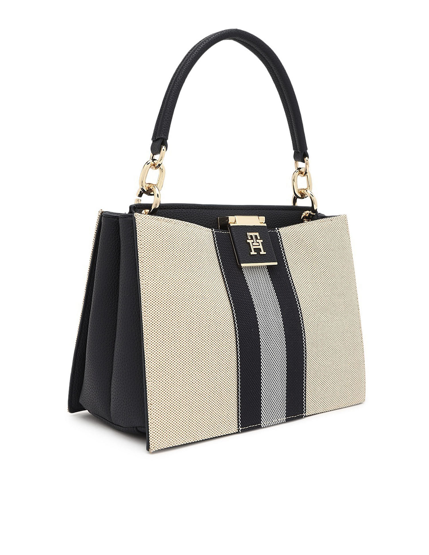 Tommy Hilfiger Striped Black PU Hand Bag
