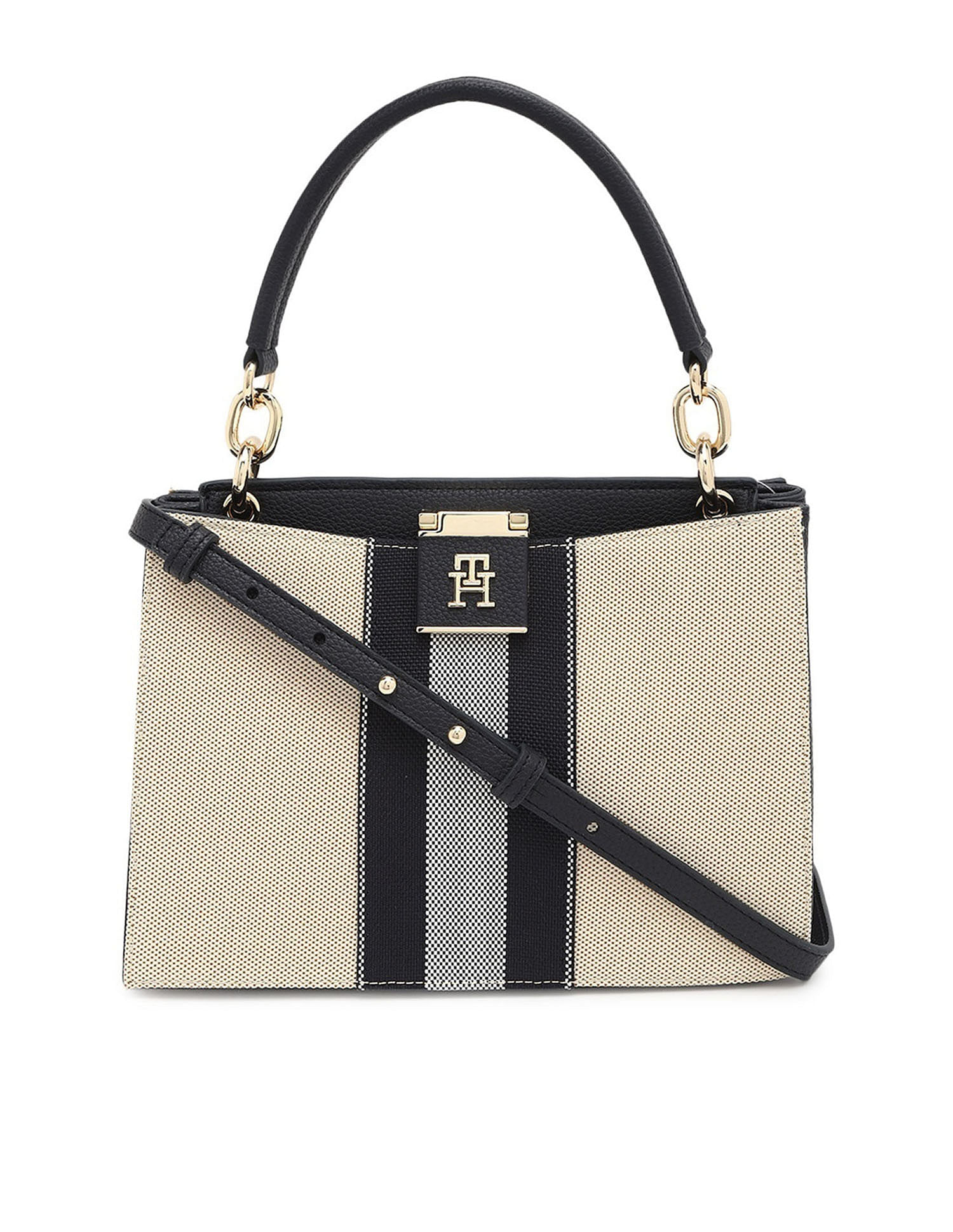 Tommy Hilfiger Striped Black PU Hand Bag