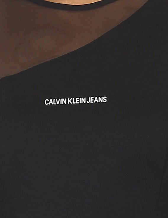 Calvin Klein Women Black Mesh Long Sleeve Brand Print Top