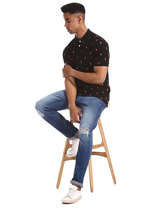 Aeropostale Black Flamingo Embroidered Pique Polo Shirt