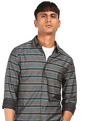 Calvin Klein Men Grey French Placket Striped Casual Shirt